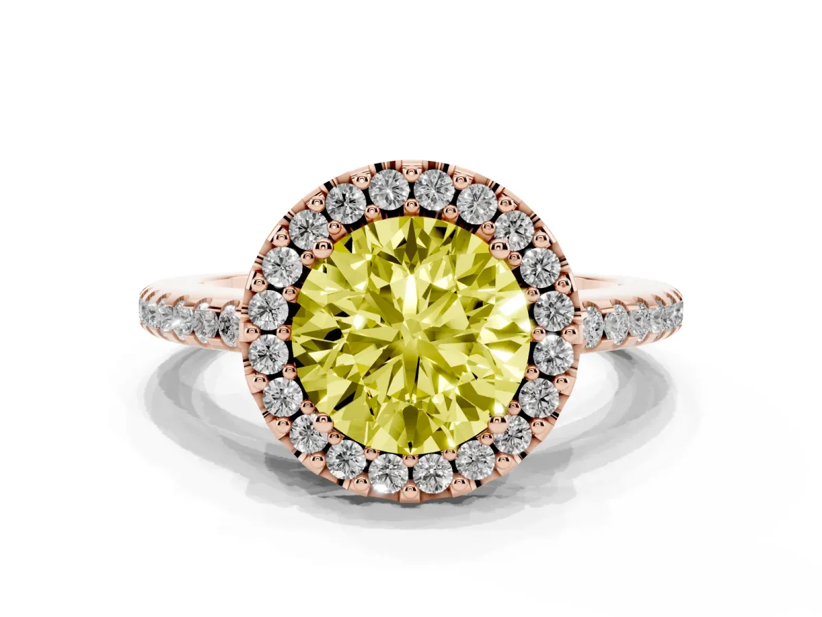 Fancy Yellow Round Cut Diamond Pavé Halo Ring with Four-Prong Setting Rose gold
