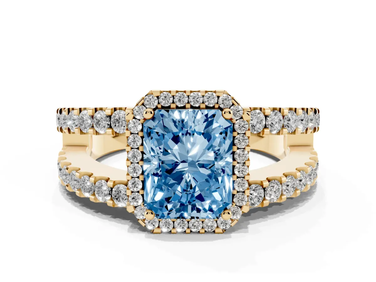 Fancy Blue Radiant Cut Cut Halo Split Shank Diamond Ring with Four-Prong Setting Yellow gold