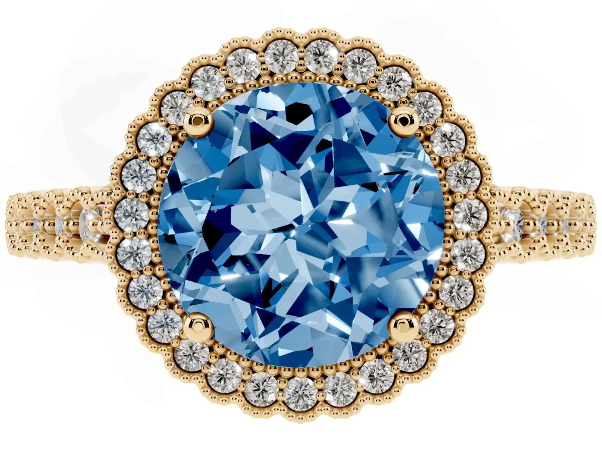 Fancy Blue Round Cut Cut Halo Pavé Solitaire Ring with Milgrain Band Yellow gold