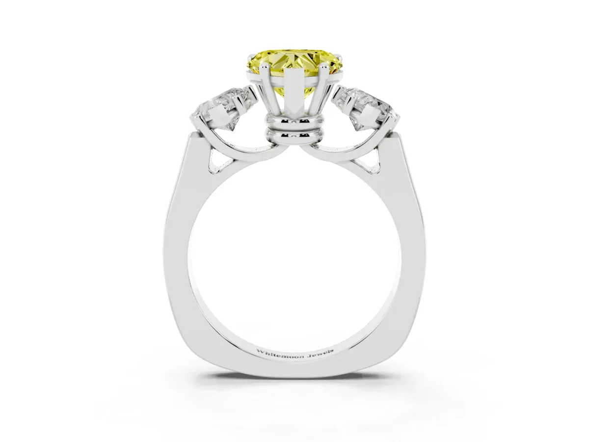 Fancy Yellow Three-Stone Heart Cut Brilliant Diamond Trellis Ring with Comfort Fit Band White gold
