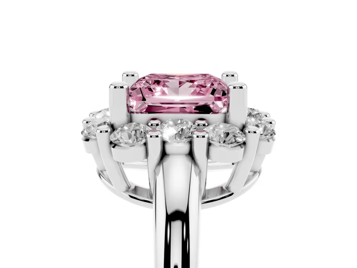 Fancy Pink Princess Cut Halo Cluster Diamond Engagement Ring with Prong Setting and Polished Band Platinum