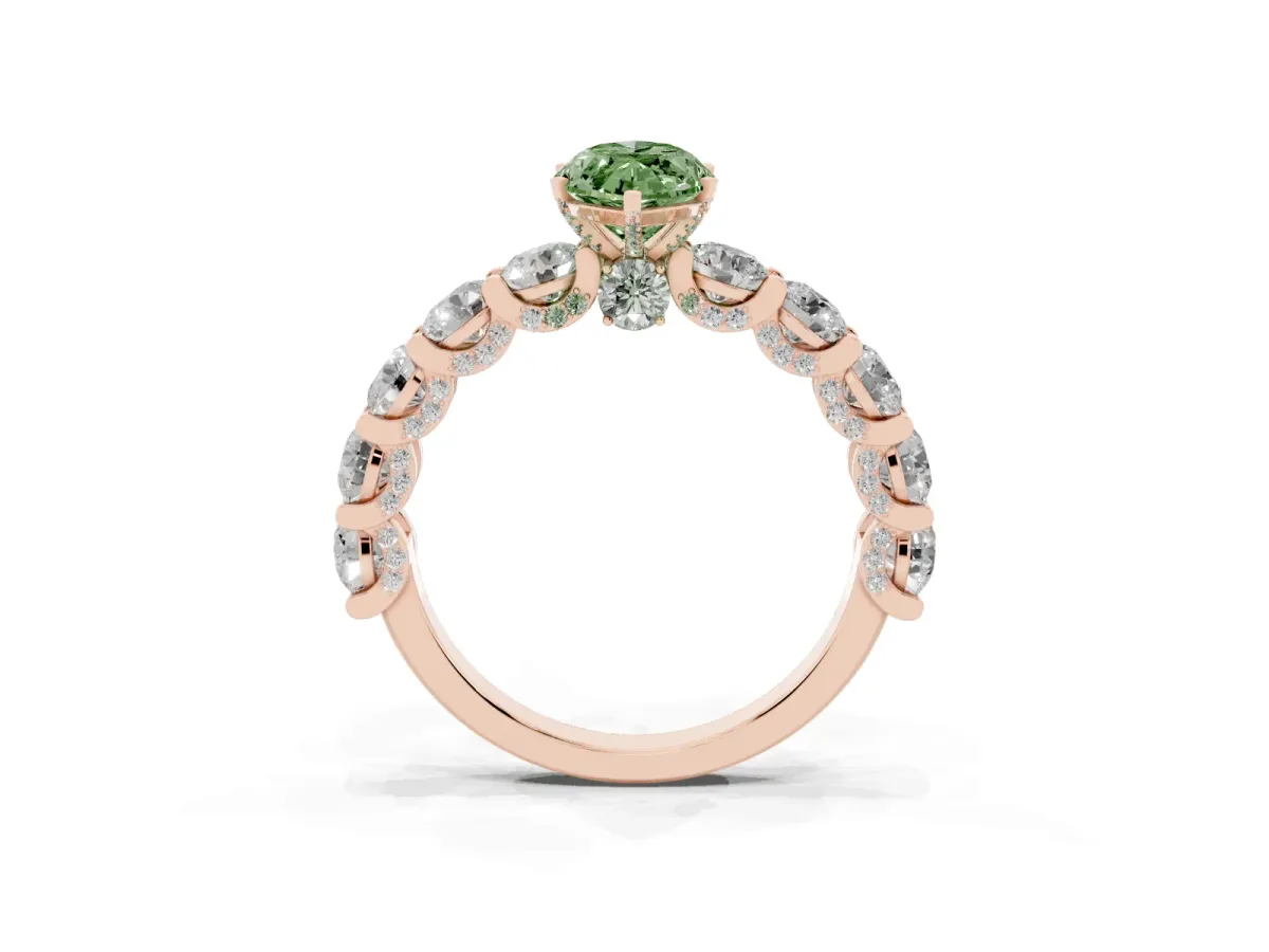 Fancy Green Marquise Cut Diamond Side Stone Engagement Ring with Four-Prong Setting Rose gold