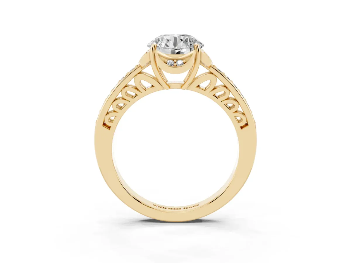 Round Cut Cut Halo Diamond Ring with Channel Set Band and Four-Prong Setting Yellow gold