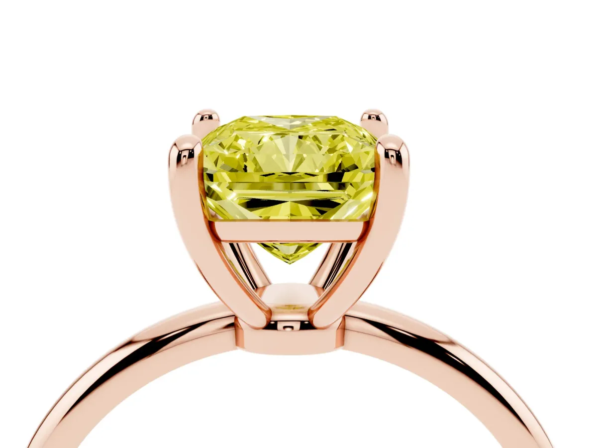 Fancy Yellow Radiant Cut Solitaire Diamond Ring with 4-Prong Setting on a Classic Band Rose gold