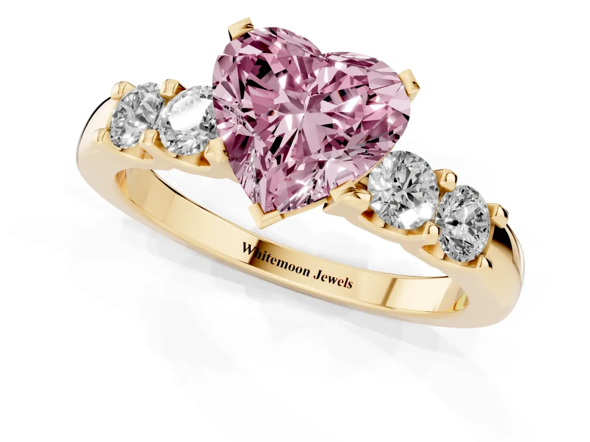 Fancy Pink Heart Cut Brilliant Cut Diamond Five-Stone Prong Set Engagement Ring with Channel Band Yellow gold