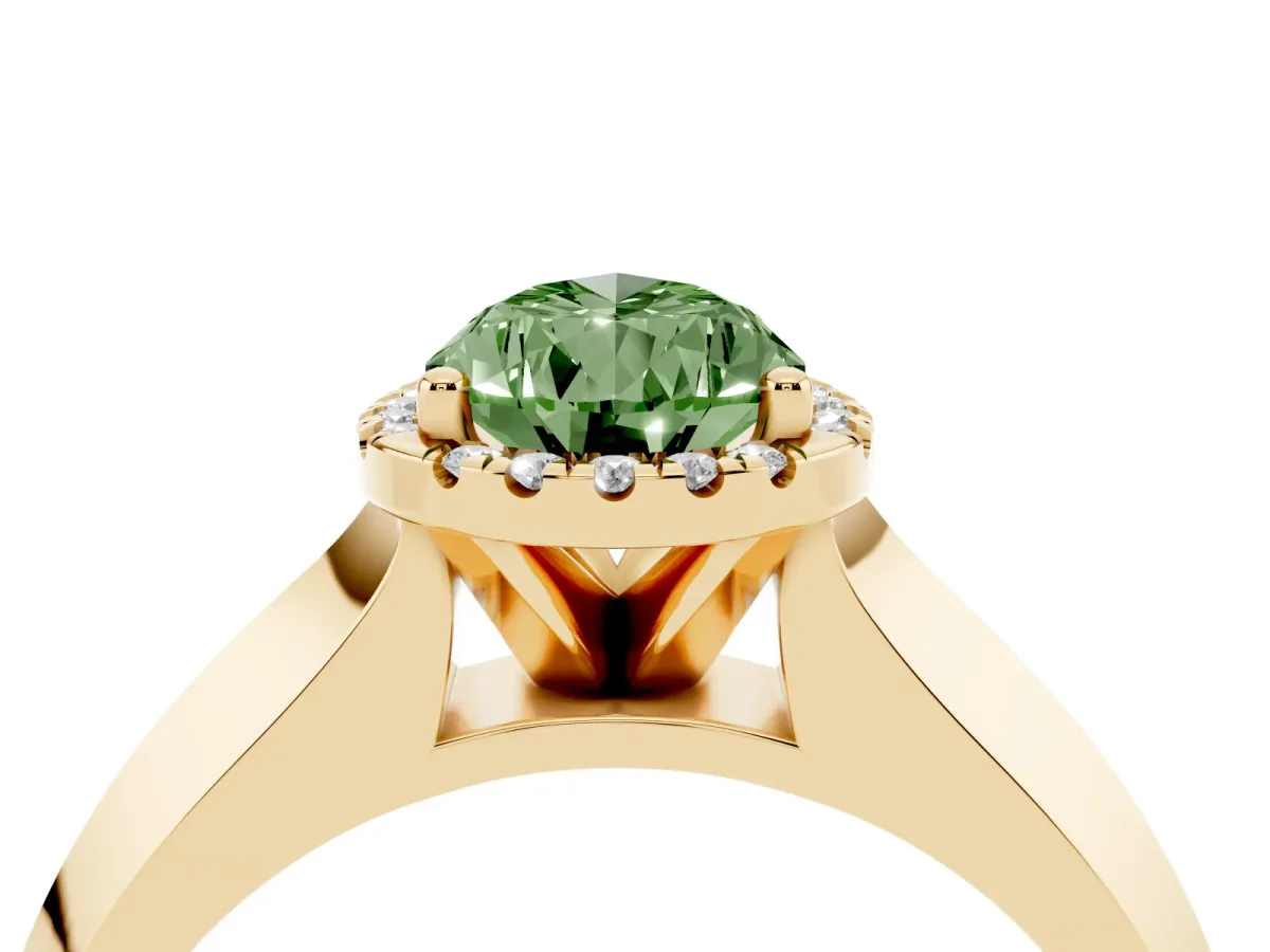 Fancy Green Pear Cut Halo Diamond Ring with Cathedral Band and Four-Prong Setting Yellow gold