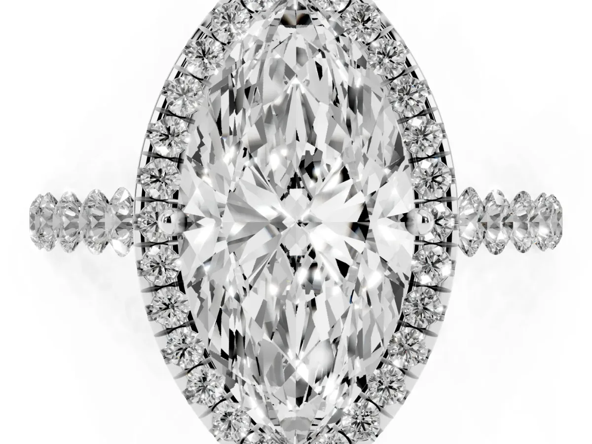 Marquise Cut Halo Pavé Diamond Engagement Ring with Four-Prong Setting Silver