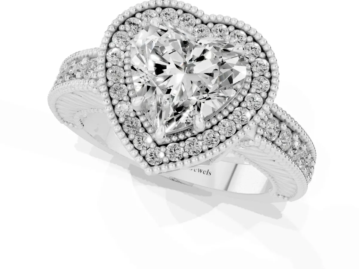 Heart Cut Cut Halo Diamond Ring with Pavé Band and Four-Prong Setting Silver