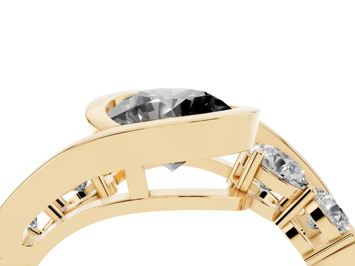 Fancy Black Bezel Set Round Cut Diamond Bypass Ring with Round Accents Yellow gold