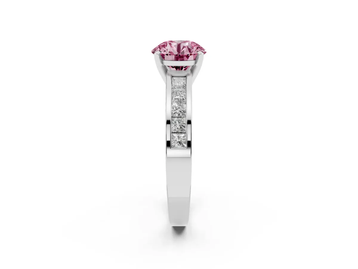 Fancy Pink Round Cut Solitaire Diamond Ring with Channel-Set Band and Four-Prong Setting Silver