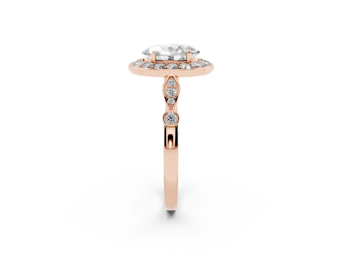 Oval Cut Halo Diamond Engagement Ring with Twisted Band and Four-Prong Setting Rose gold