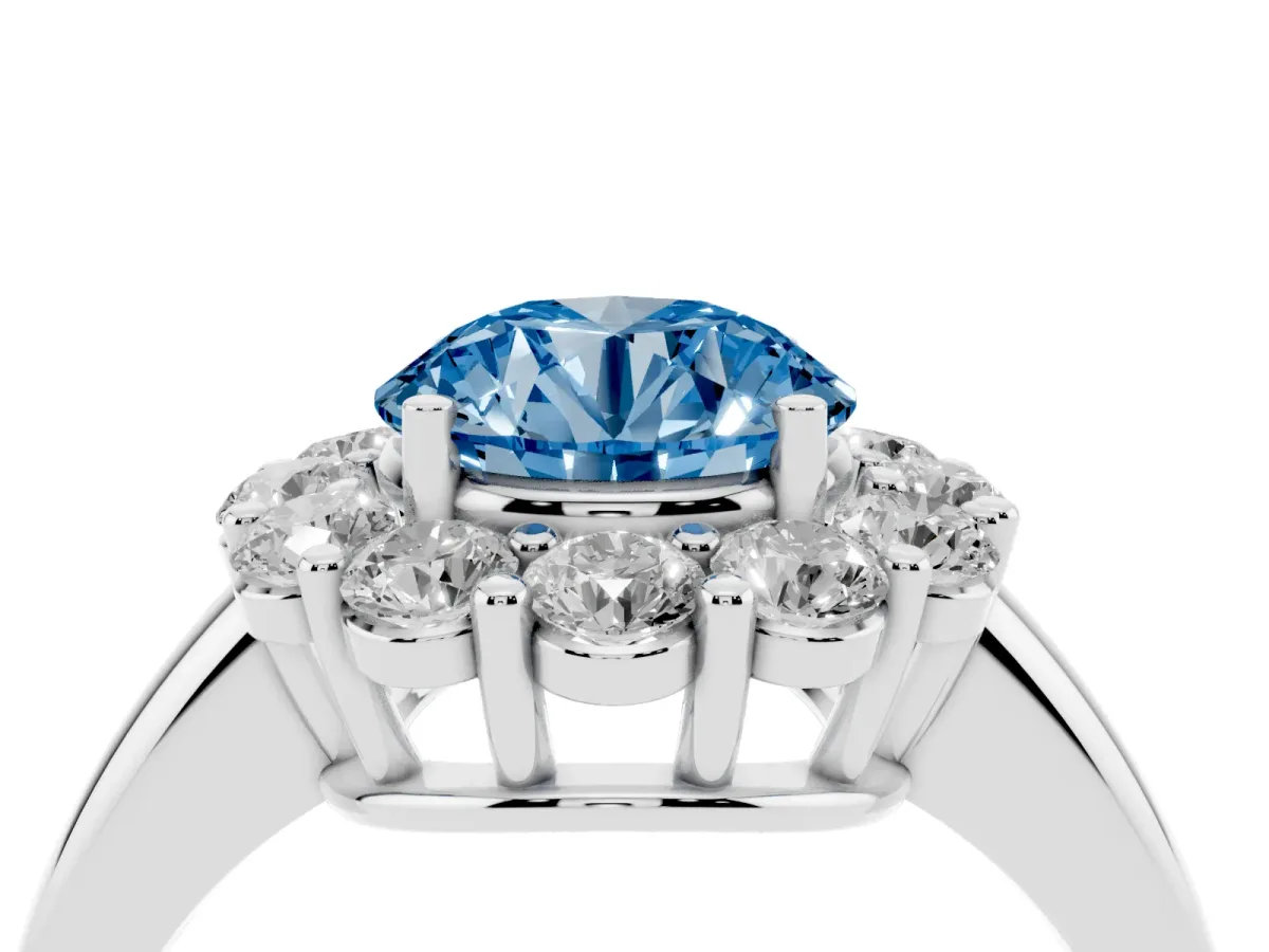 Fancy Blue Round Cut Halo Cluster Diamond Engagement Ring with Prong Setting and Polished Band Platinum