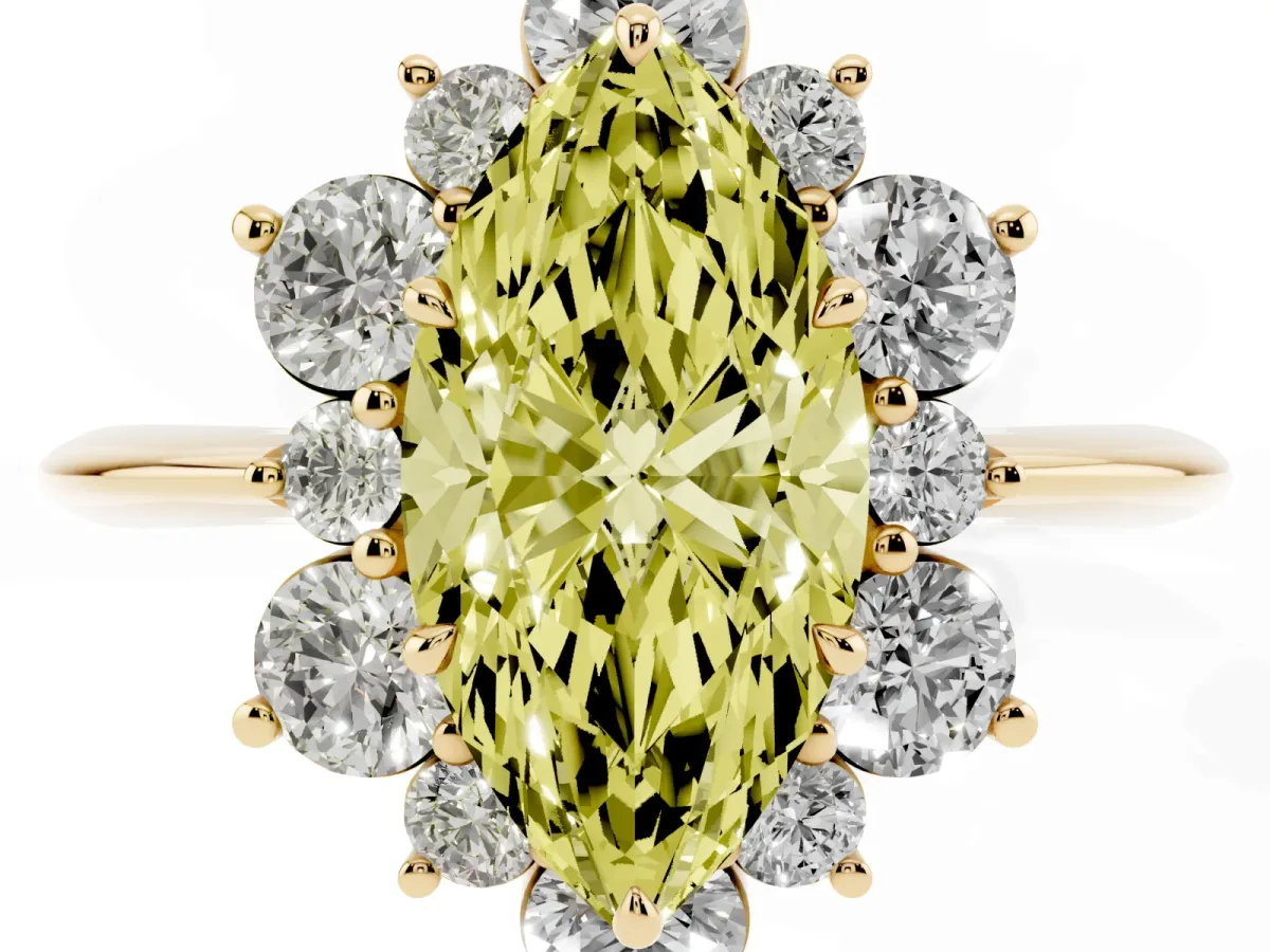 Fancy Yellow Marquise Cut Diamond Cluster Halo Ring with Solitaire Band and Four-Prong Setting Yellow gold