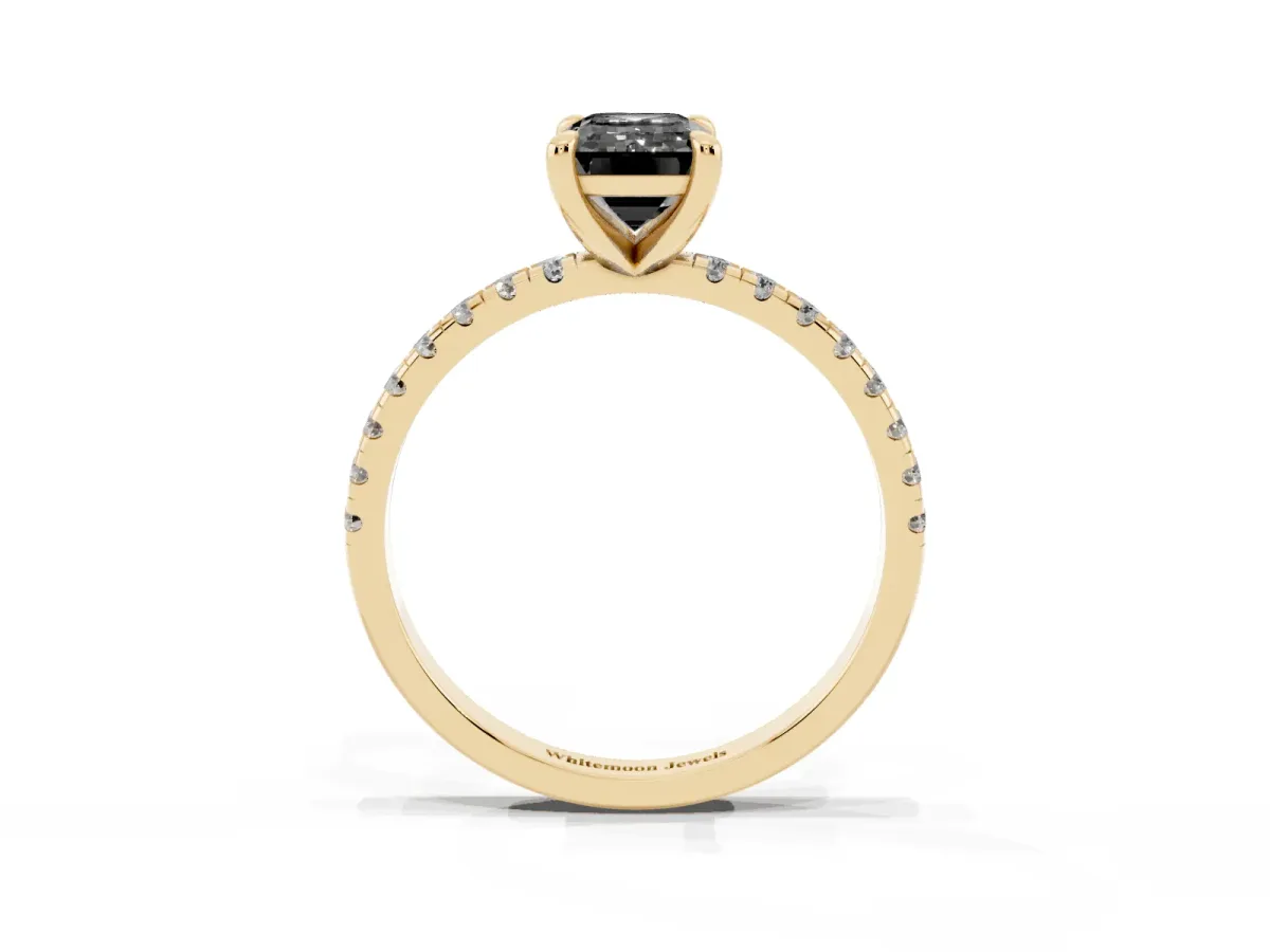 Fancy Black Emerald Cut Diamond Brilliant Solitaire Ring with Pavé Band and Four-Prong Setting Yellow gold