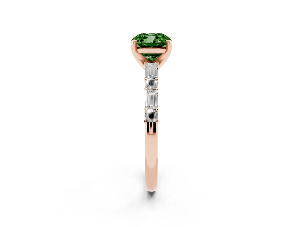 Fancy Green Cushion Cut Diamond Solitaire with Side Baguettes and Channel Set Band Rose gold