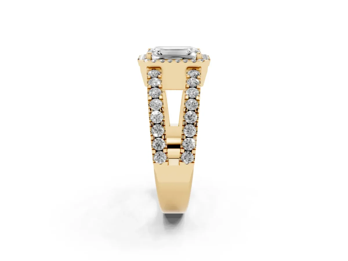 Emerald Cut Cut Halo Split Shank Diamond Ring with Four-Prong Setting Yellow gold