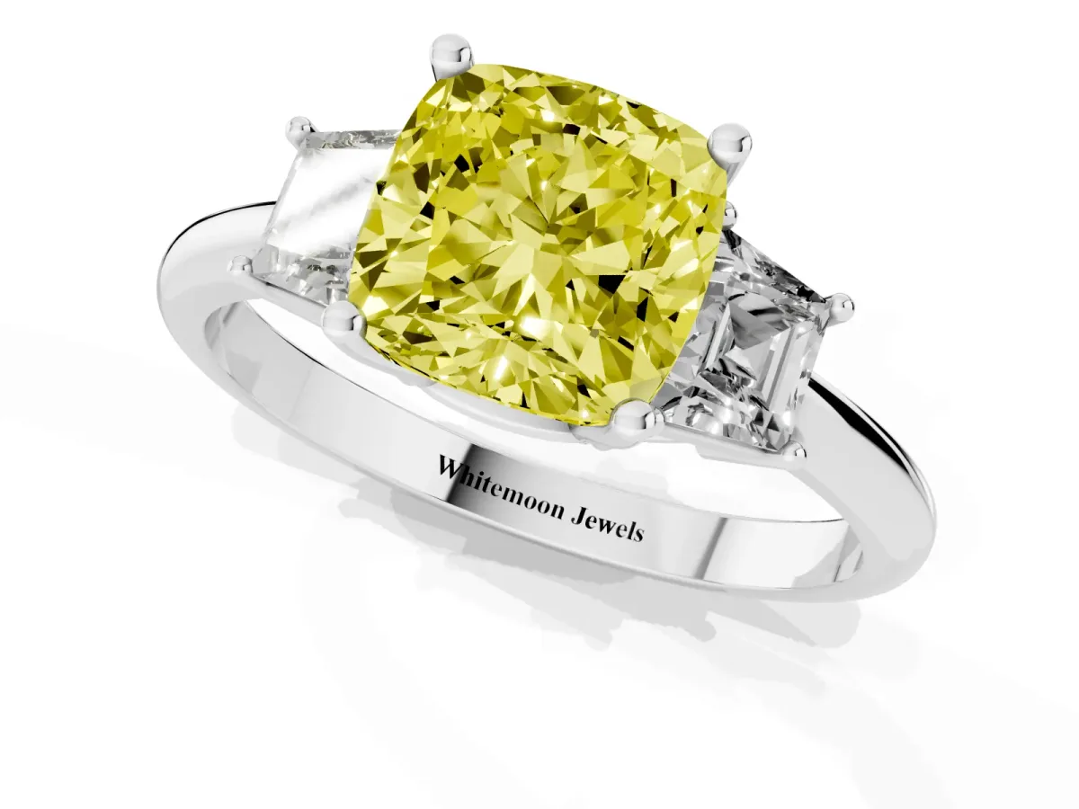 Fancy Yellow Cushion Cut Diamond Three-Stone Ring with Trapezoid Side Stones and Prong Setting Silver