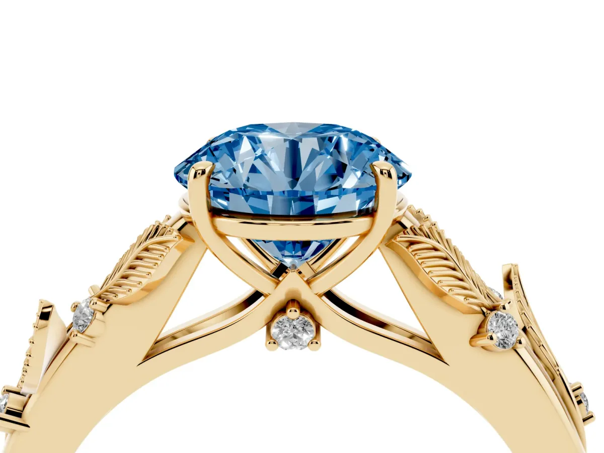 Fancy Blue Round Cut Diamond Solitaire Ring with Leaf Motif Band and Four-Prong Setting Yellow gold