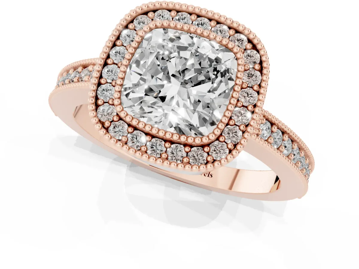 Cushion Cut-Cut Diamond Halo Engagement Ring with Pave Band and Prong Setting Rose gold