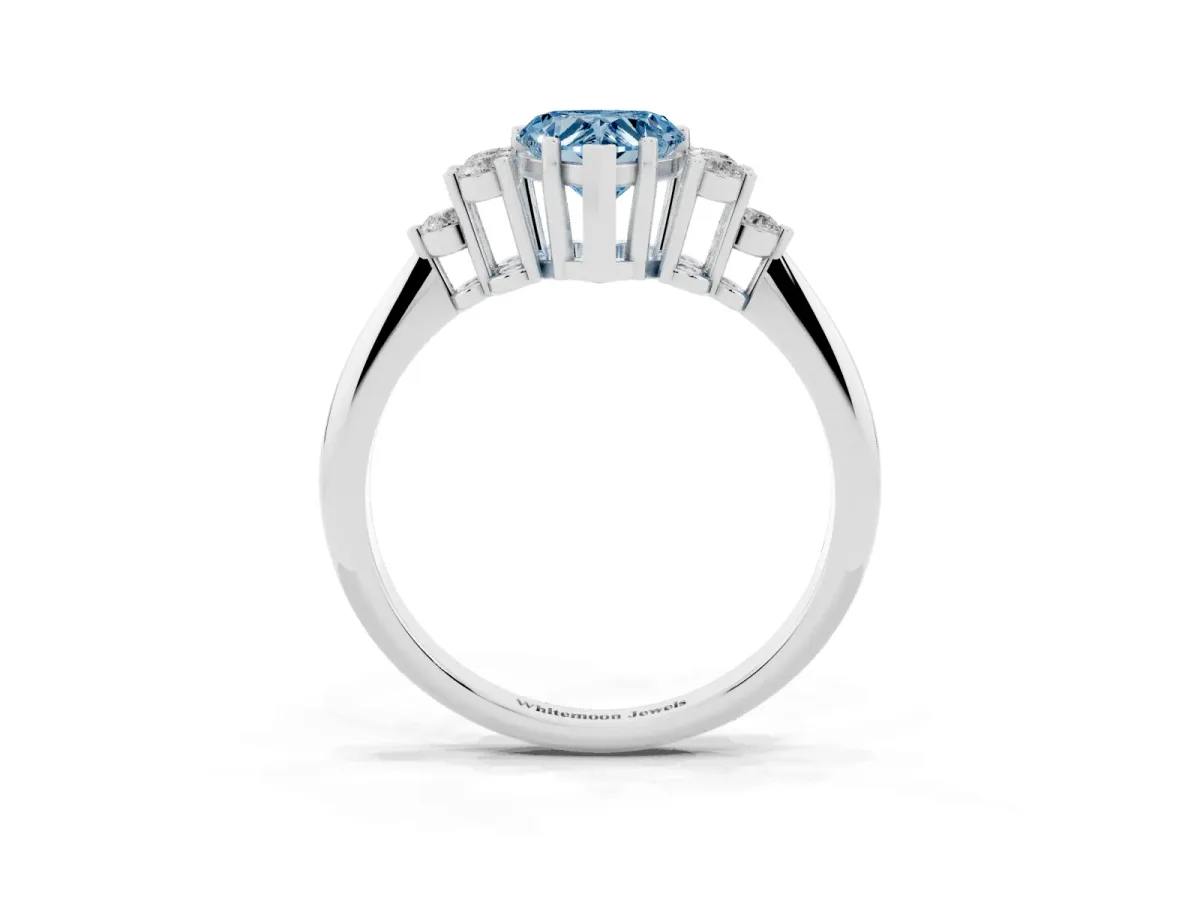 Fancy Blue Heart Cut Cut Diamond Cluster Ring with Solitaire Band and Four-Prong Setting Silver