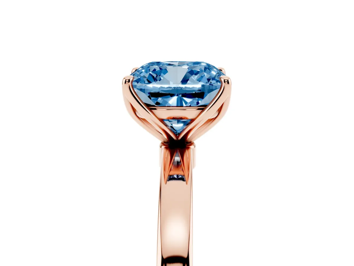 Fancy Blue Cushion Cut Diamond Solitaire Ring with Thin Band and Prong Setting Rose gold