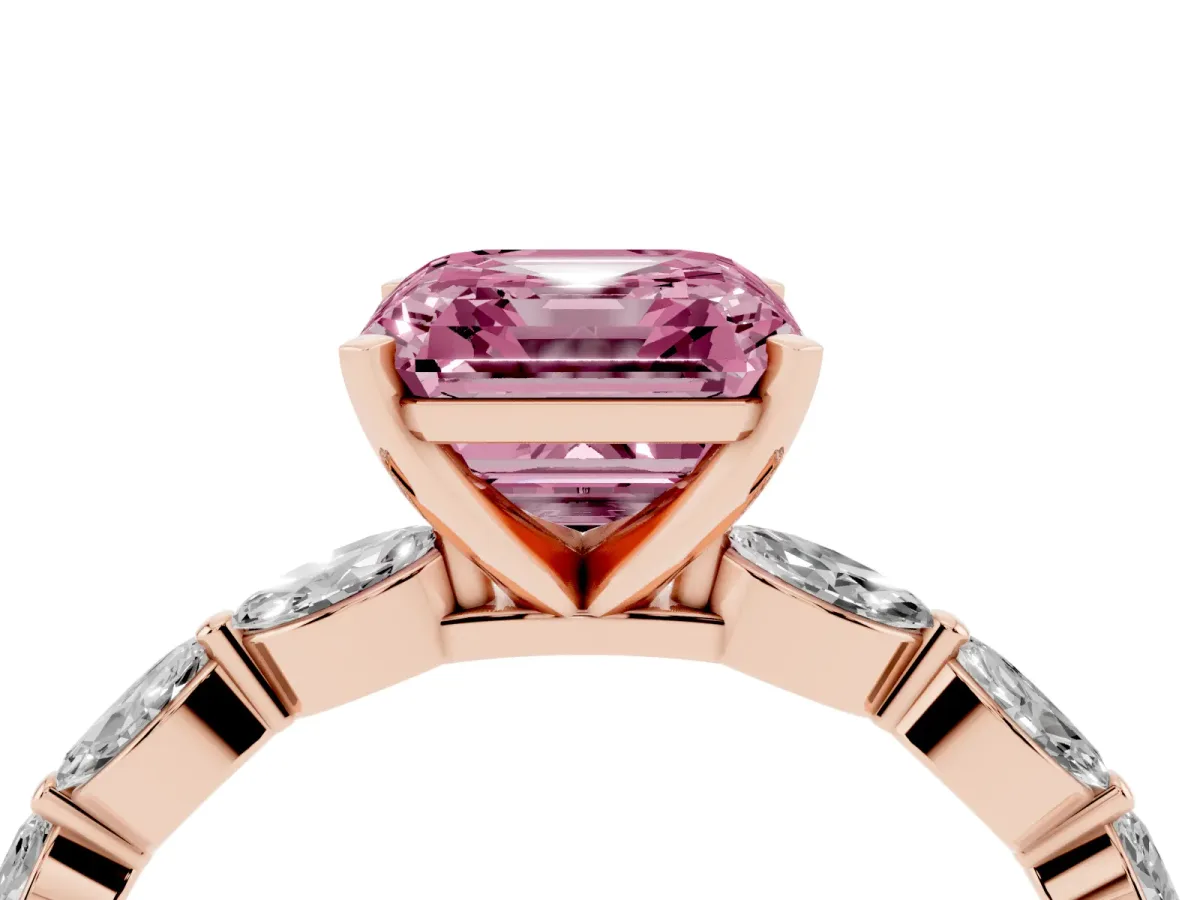 Fancy Pink Asscher Cut Diamond Ring with Marquise Side Stones and Prong Setting Rose gold