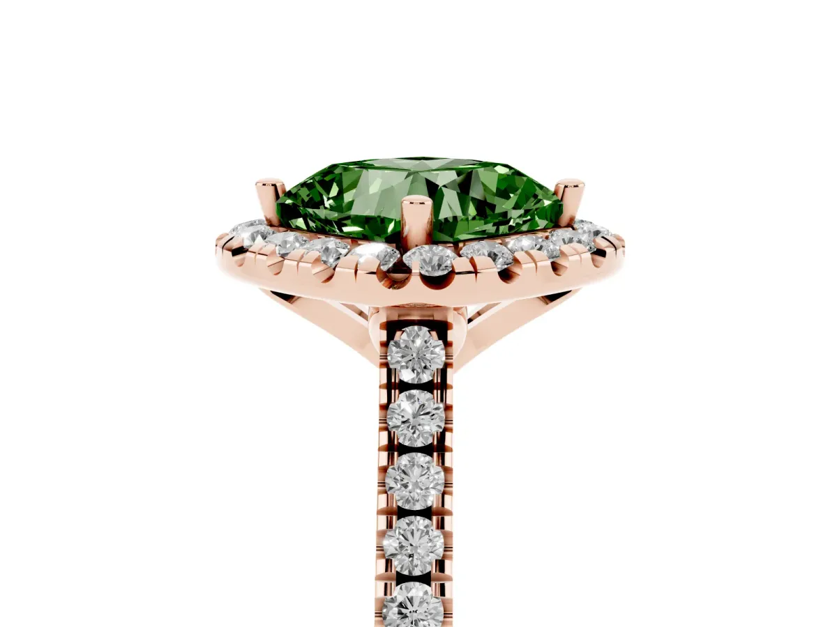 Fancy Green Cushion Cut Diamond Cushion Halo Ring with Pavé Band Rose gold