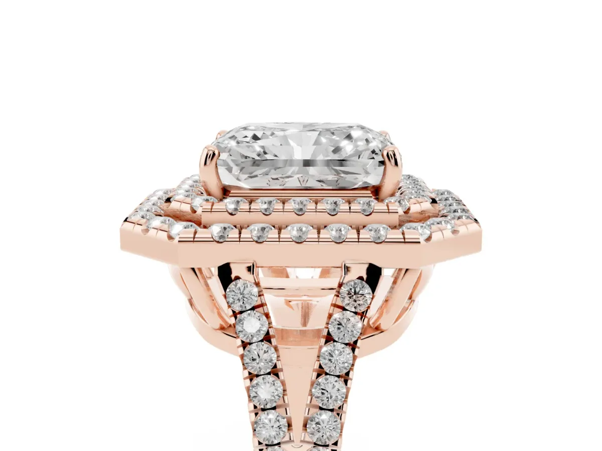 Radiant Cut Diamond Double Halo Ring with Pavé Band and Prong Setting Rose gold