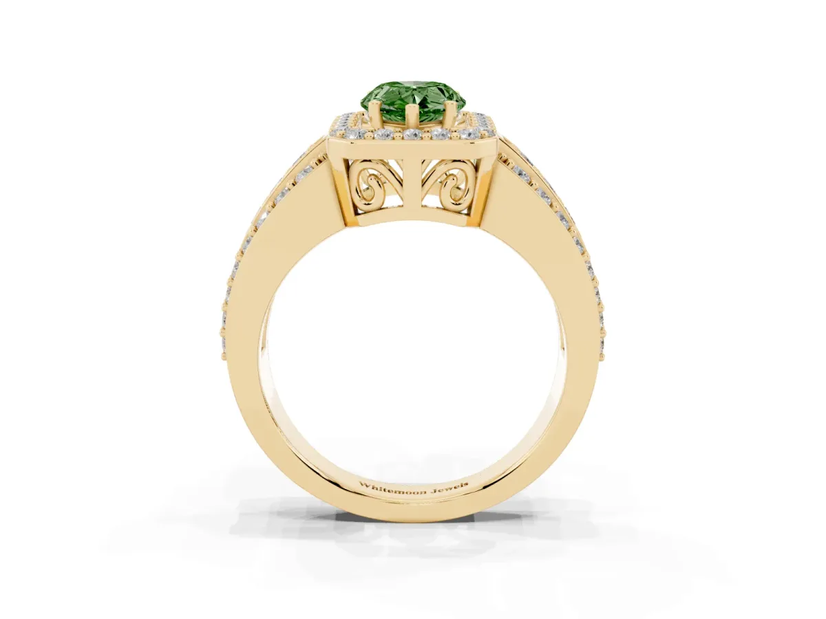 Fancy Green Pear Cut Halo Diamond Ring with Round Split Shank and Prong Setting Yellow gold
