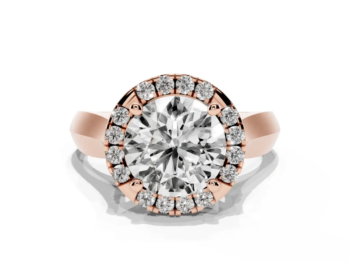 Round Cut Cut Halo Solitaire Engagement Ring with Square Band and Four-Prong Setting Rose gold