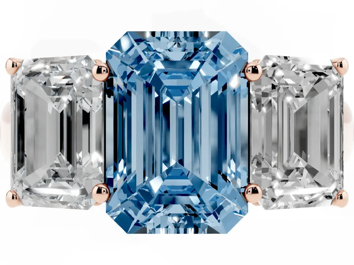 Fancy Blue Emerald Cut Three-Stone Diamond Ring with Prong Setting on a Classic Band Rose gold