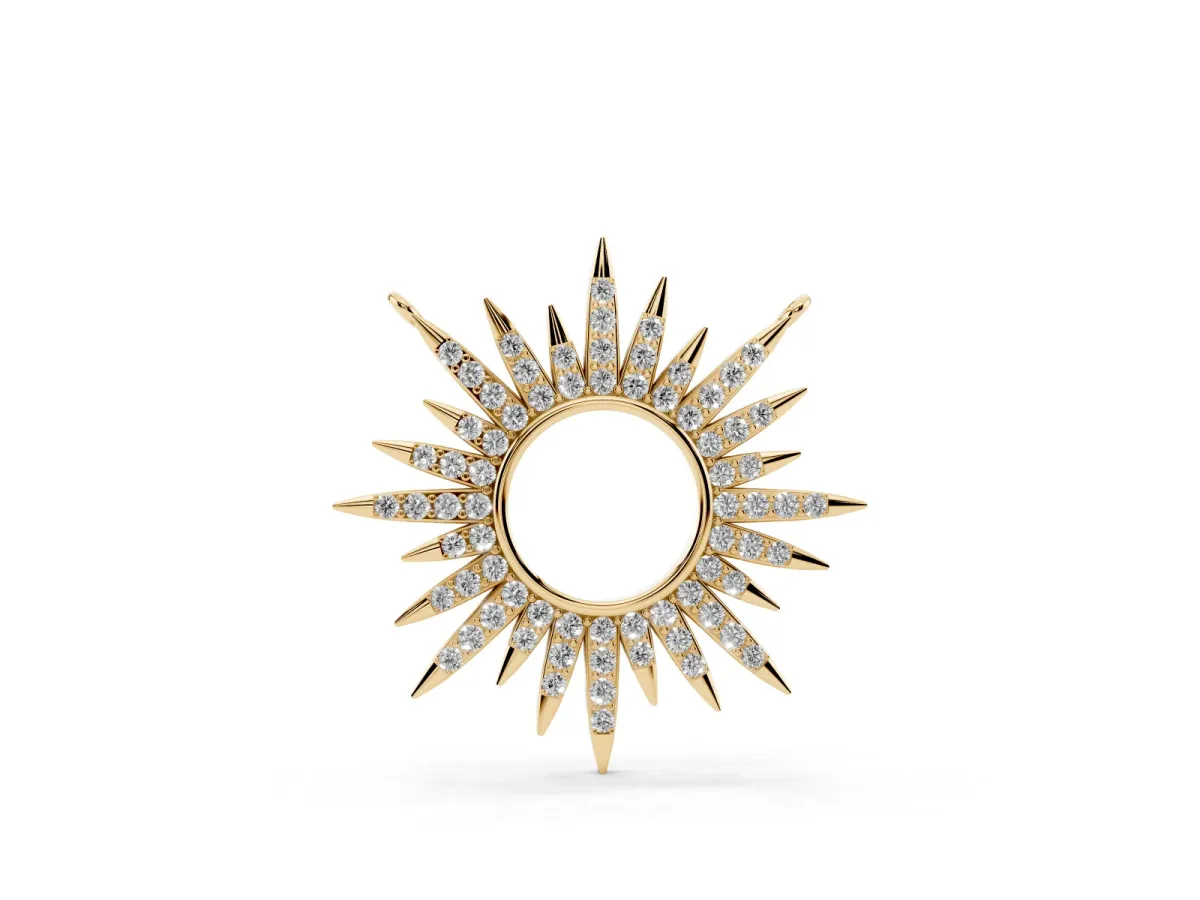 Round Cut Diamond Sunburst Pendant with Pavé Setting Yellow gold