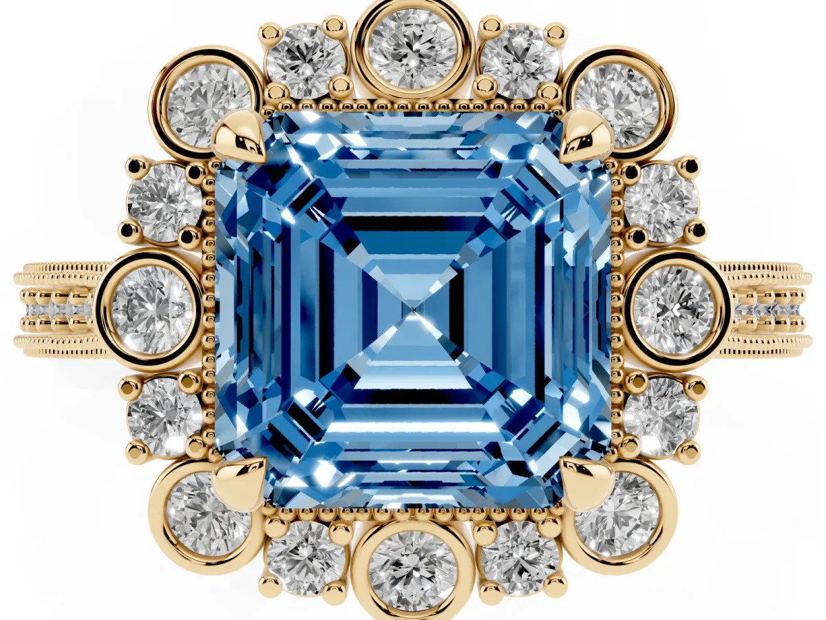Fancy Blue Asscher Cut Halo Milgrain Pave Diamond Ring with Four-Prong Setting Yellow gold
