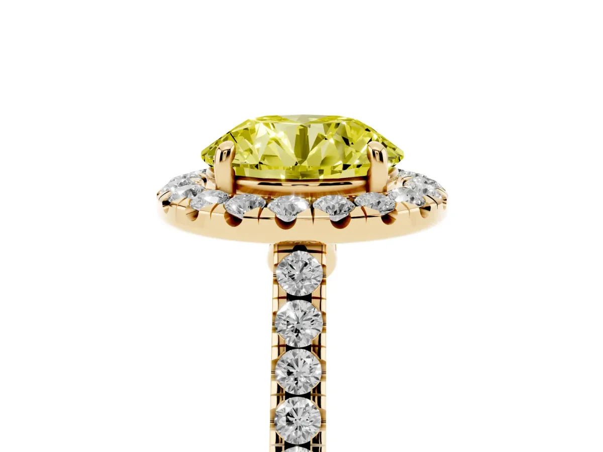Fancy Yellow Round Cut Halo Pave Diamond Engagement Ring with Four-Prong Setting Yellow gold