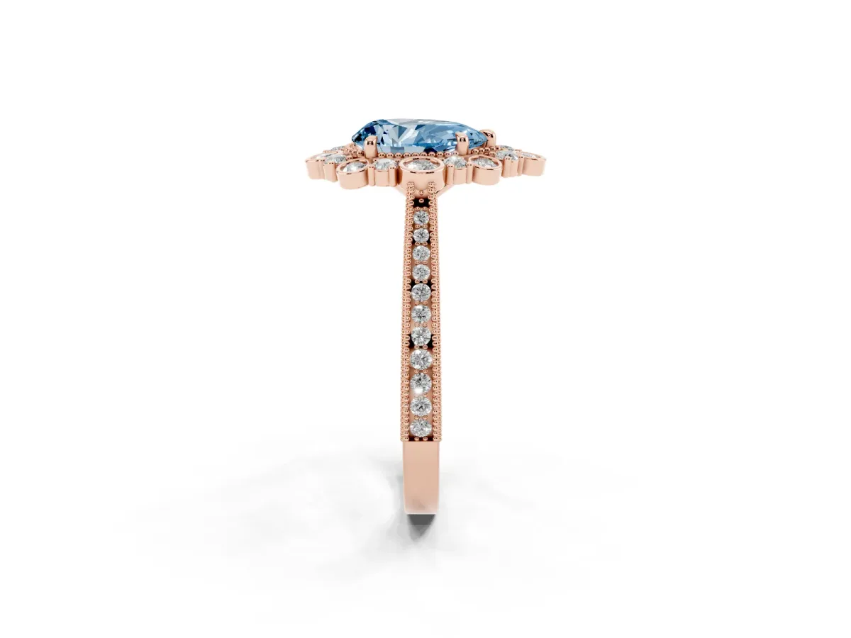 Fancy Blue Pear Cut Halo Milgrain Pave Diamond Ring with Four-Prong Setting Rose gold