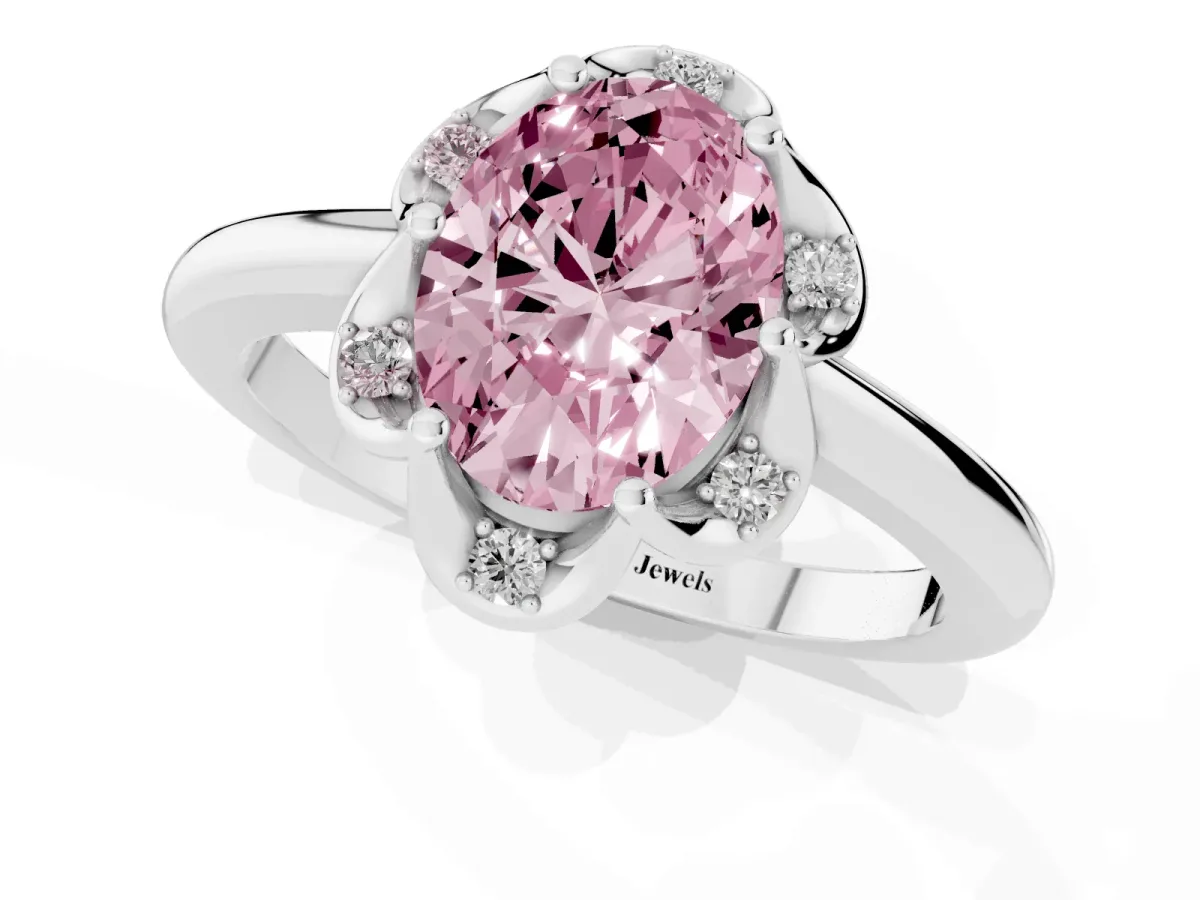 Fancy Pink Oval Cut Halo Diamond Ring with Round Cluster Setting, Solitaire Band, and Four-Prong Setting White gold