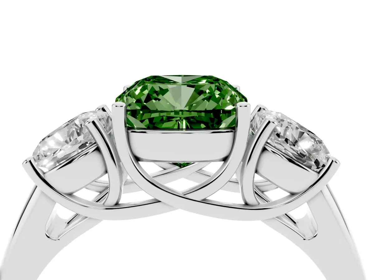 Fancy Green Three-Stone Cushion Cut Diamond Engagement Ring with Prong Setting White gold