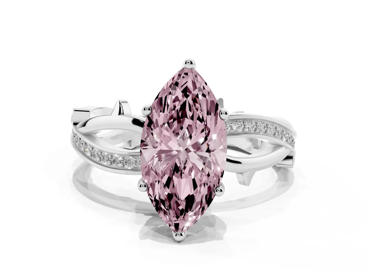 Fancy Pink Marquise Cut Solitaire Twist Band with Pavé Accents and Four-Prong Setting White gold