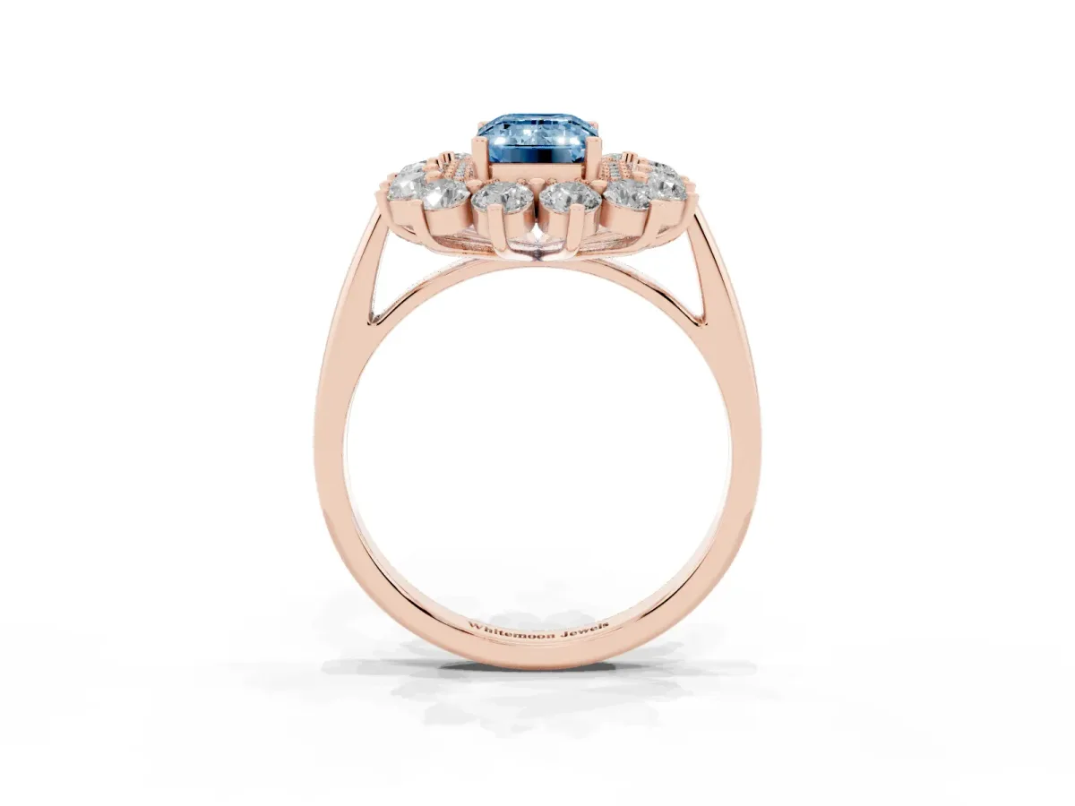 Fancy Blue Emerald Cut Diamond Floral Double Halo Engagement Ring with Prong Setting Rose gold