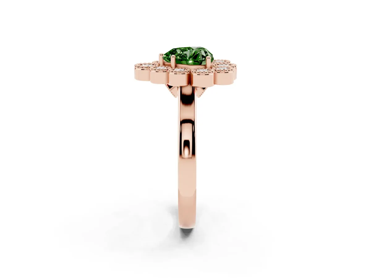 Fancy Green Heart Cut Halo Diamond Cluster Engagement Ring with Milgrain Bezel Setting and Solitaire Band Rose gold