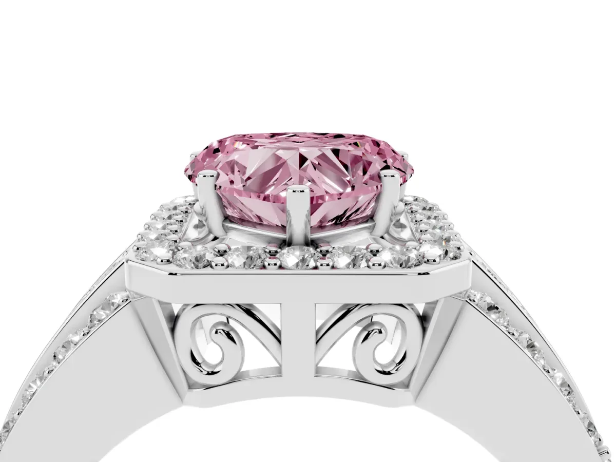 Fancy Pink Heart Cut Halo Diamond Ring with Round Split Shank and Prong Setting Platinum