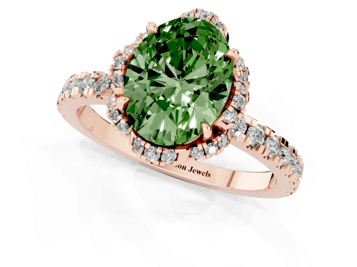 Fancy Green Oval Cut Diamond Halo Pave Band with Four-Prong Setting Rose gold