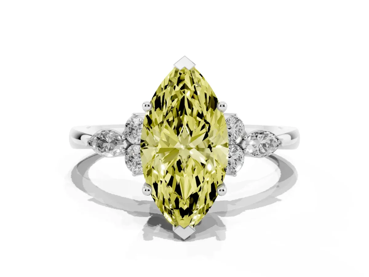 Fancy Yellow Marquise Cut Brilliant Diamond Solitaire Ring with Pear Side Stones and Four-Prong Setting White gold