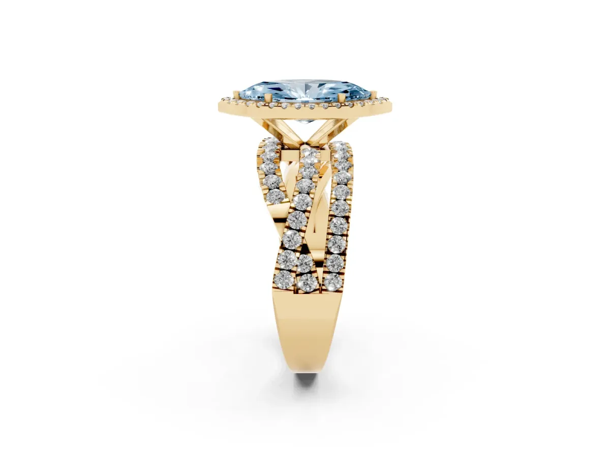 Fancy Blue Marquise Cut Diamond Halo Ring with Round Split Shank and Prong Setting Yellow gold