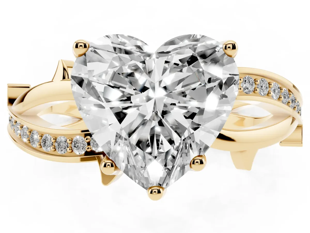 Heart Cut Solitaire Twist Band with Pavé Accents and Four-Prong Setting Yellow gold
