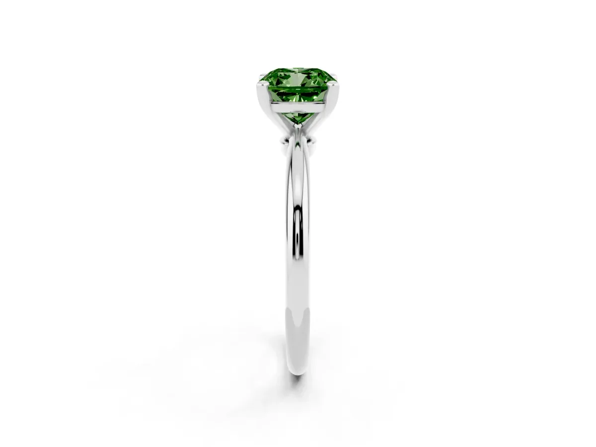 Fancy Green Cushion Cut Diamond Solitaire Ring with Prong Setting and Classic Band Silver