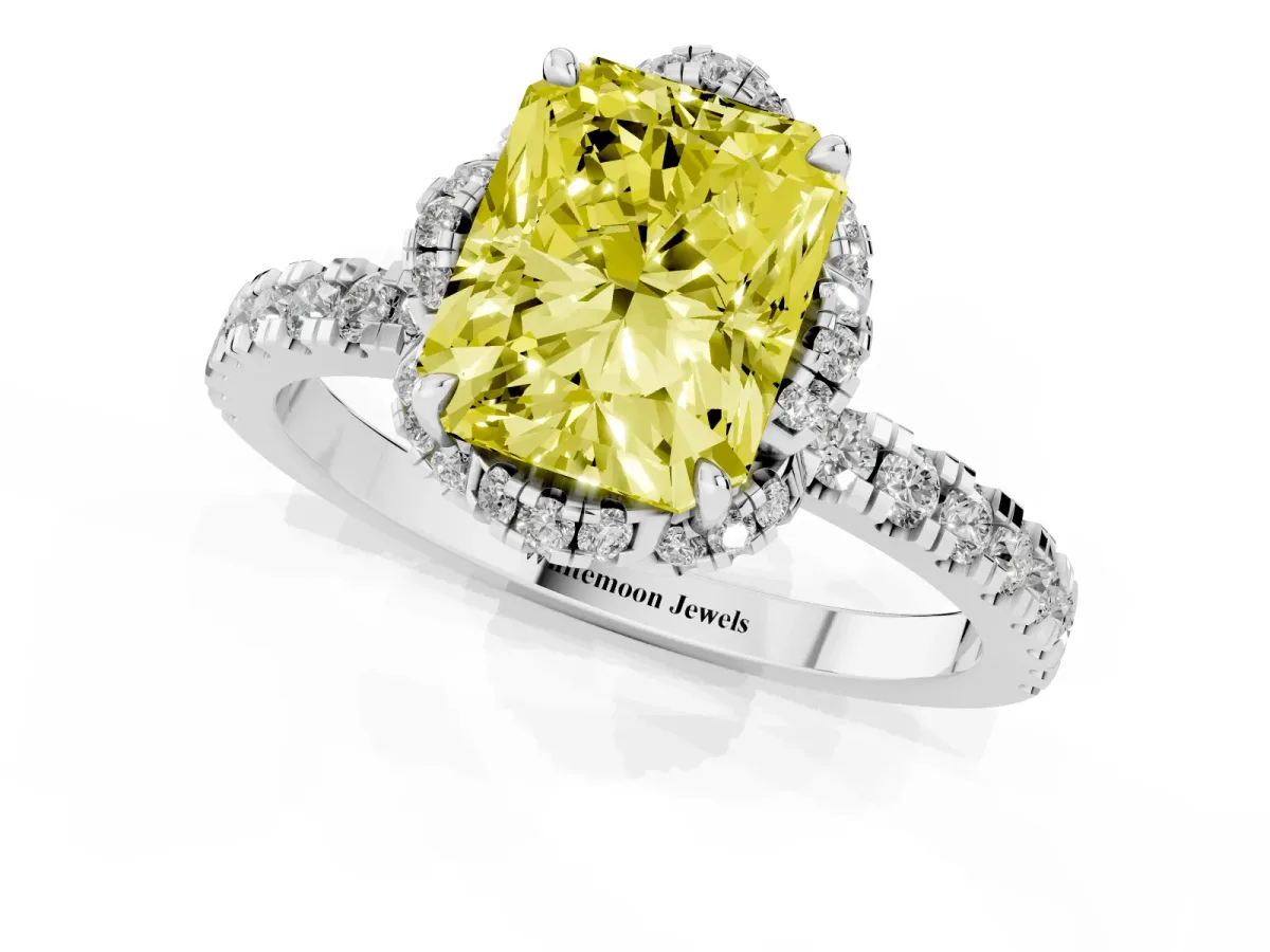 Fancy Yellow Radiant Cut Halo Diamond Pave Band Ring with Four-Prong Setting Silver