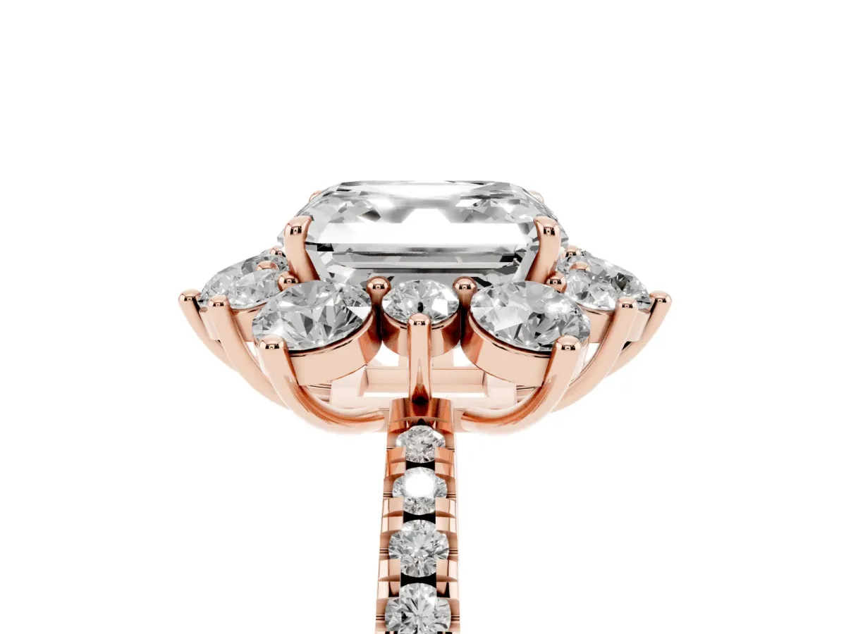 Asscher Cut Diamond Floral Halo Ring with Round Pavé Band and Prong Setting Rose gold