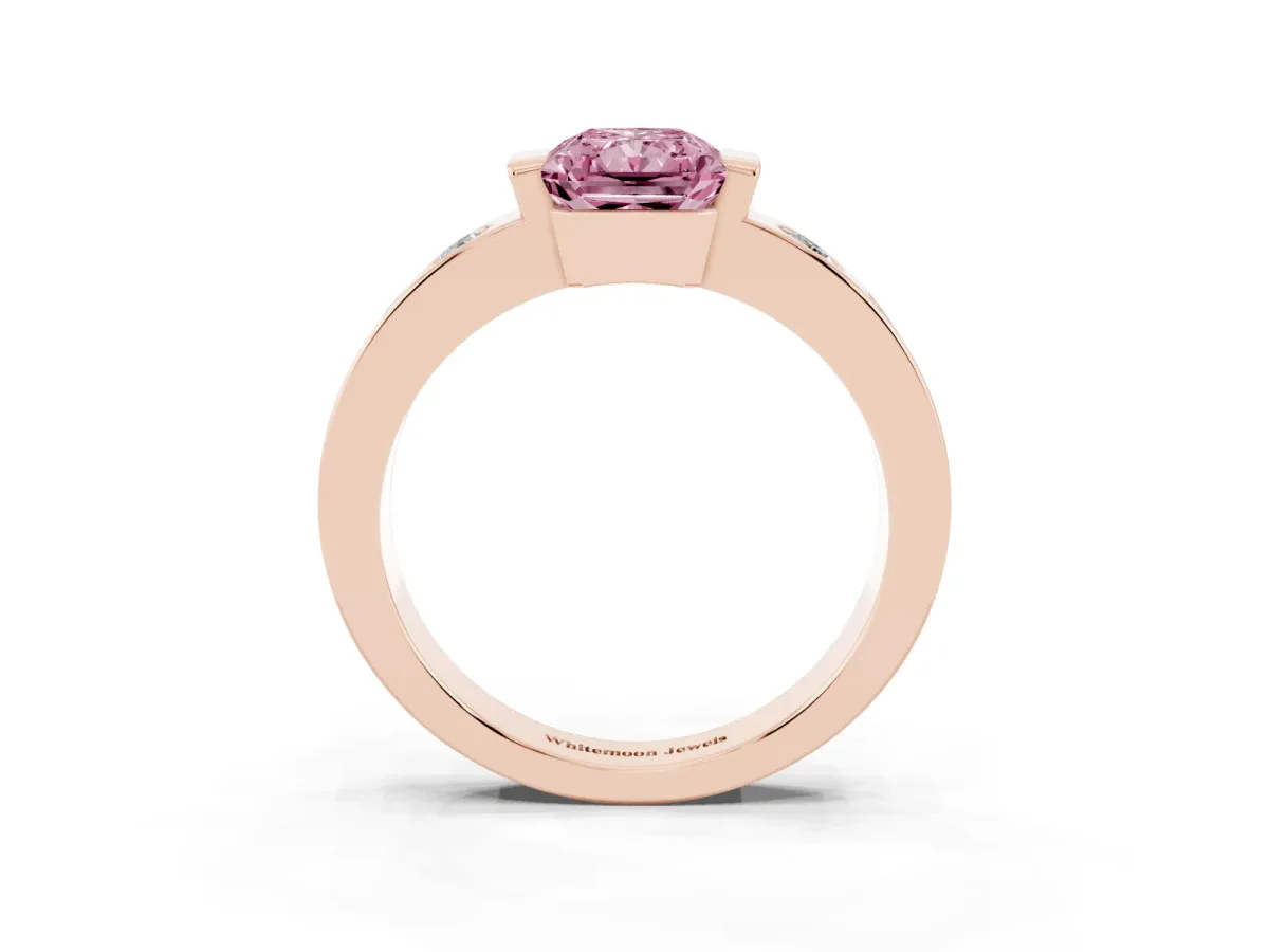 Fancy Pink Radiant Cut Brilliant Channel-Set Diamond Ring with Bezel Prong Setting Rose gold