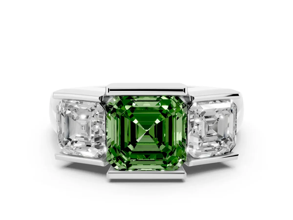 Fancy Green Three Stone Asscher Cut Cut Channel Set Diamond Ring Silver